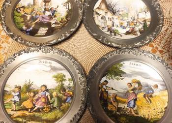 Talerze porcelanowe w okuciu z cyny