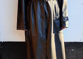 (46/3XL) Czarny, skórzany płaszcz z paskiem z Londynu, NOWY
