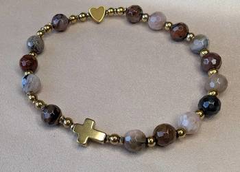 Bransoletka różaniec skamieniałe drewno krzyżyk serduszko prezent pamiątka