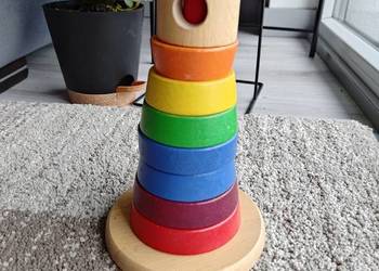 Wieża drewniana dla dzieci 7 krążków Montessori zabawka układanka kolorowa