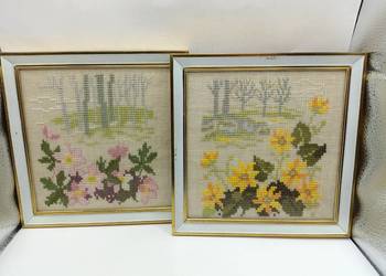 Dwa obrazki roślinny haft pod szkłem przedwiośnie w lesie Dwa obrazki roślinny haft pod szkłem przedwiośnie w lesie