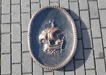 Stary miedzioryt PRL Marynistyka żąglowiec owalny duży 64 x 48 cm