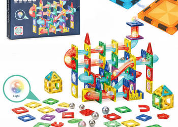 Klocki magnetyczne tor kulkowy LED klocki konstrukcyjne kulodrom 105 eleme…