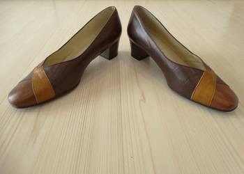 Buty Skórzane Półbuty Czółenka na Słupku Czekoladowe Brązowe Wizytowe Skona