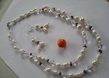 Naszyjnik, kolczyki, perła słodkowodna,granat Naszyjnik, kolczyki, perła słodkowodna,granat