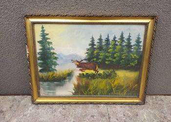 99 Stary obraz olej na płycie pejzaż myśliwski z jeleniem 30x40cm sygnowany