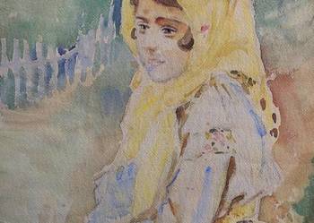 Portret wiejskiej dziewczyny stara akwarela