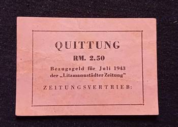 Potwierdzenie wpłaty za miesięczną prenumeratę Litzmanstaedter Zeitung.1943