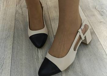 (42) Beżowo - czarne czółenka wieczorowe z odkrytą piętą, NOWE