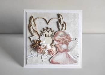 Kartka ręcznie robiona na Komunię Świętą dziewczynka-aniołek Kartka ręcznie robiona na Komunię Świętą dziewczynka-aniołek