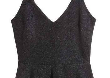 Czarny top h&m xs 34 błyszczący baskinka dekolt serek xs 34