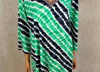 Zielono granatowa tunika lekka wiosenna oversize 44 46 wzór boho