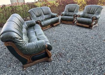 Masywny wypoczynek ze skóry na dębowym stelażu 3+2+1+1