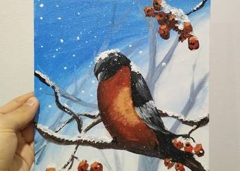 Ptak na galezi zimowy obraz recznie malowany