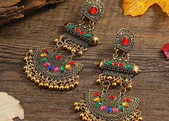 Duże kolczyki etniczne etno złoty kolor kolorowe boho bohemian hippie cygań Duże kolczyki etniczne etno złoty kolor kolorowe boho bohemian hippie cygań