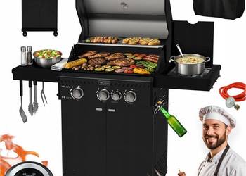 GRILL GAZOWY OGRODOWY Z POKRYWĄ I PÓŁKAMI RUSZT ŻELIWNY 11,5 KW + POKROWIEC