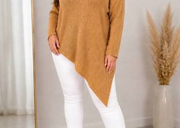 Sweter asymetryczny tunika oversize dekolt V biust 110 cm polski karmel XL