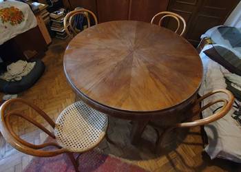Drewniany stół okrągły rozkładany Art Deco, beczka fi110 krzesła gięte
