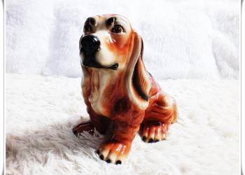 Figurka Duży Pies Basset Hound Ceramika glazurowana  z lat 60-tych PRL