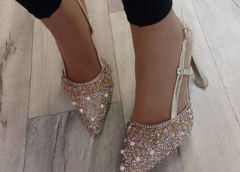 (41/42) Złote, bogato zdobione czółenka wieczorowe z odkrytą piętą, NOWE