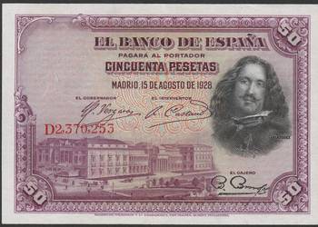 Hiszpania 50 peset 1928 - Diego Velazquez - stan bankowy UNC