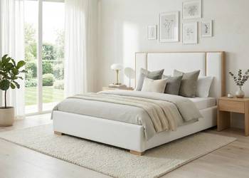 MIKO łóżko sypialnia 160x200 jasne beżowe DREWNIANE elementy POJEMNIK