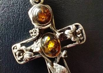 Unikatowy wisior krzyż srebro bursztyn rękodzieło artystyczne