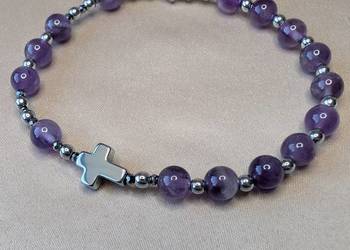 Bransoletka różaniec kamienie ametyst krzyżyk serduszko prezent pamiątka
