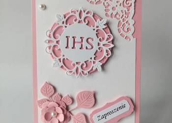 ZAPROSZENIA KOMUNIA DZIEWCZYNKA IHS W OKRĘGU C6 RÓŻ - BIEL