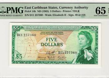 KARAIBY WSCHODNIE 1965 -5 dolarów UNC - PMG65.Gratis wysyłka!