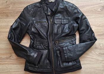 Piękna kurtka owcza skóra naturalna z kieszeniami czarna ramoneska 38