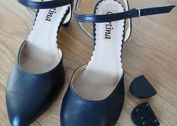 Buty damskie 40 nowe otwarta pięta skóra granat paski obcas 5 cm paragon