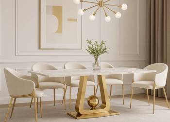 Stół złoty okrągły Glamour Nowojorski Milenio z kamiennym blatem o wzorze…