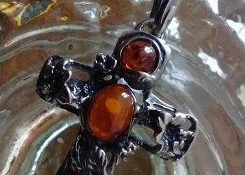 Autorski unikatowy wisior krzyż srebro bursztyn rękodzieło artystyczne