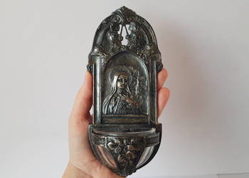 Stara platerowana kropielnica domowa ze szklanym wkładem, aspersorium