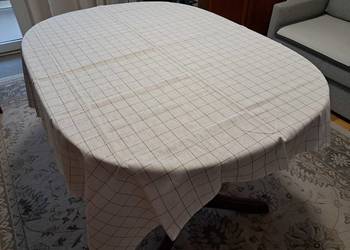 Obrus lniany biały w brązową kratkę, 150 x 150, do sprzedania