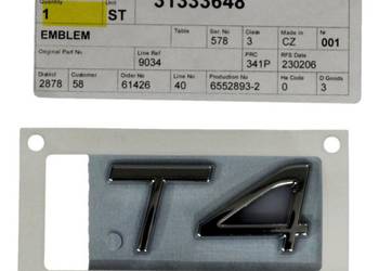VOLVO S80 V70 S90L emblemat T4 na tylna klape OE VOLVO S80 V70 S90L emblemat T4 na tylna klape OE