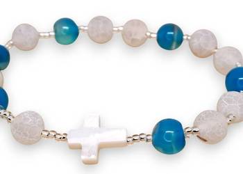 Bransoletka różaniec, dziesiątka różańca z AGAT BIAŁY, NIEBIESKI #1455