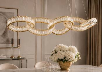 Żyrandol kryształowy złoty glamour, podłużna lampa wisząca