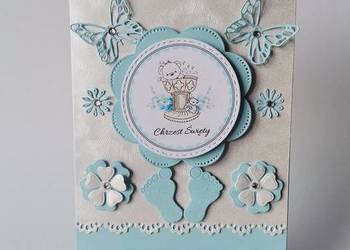 ZAPROSZENIA CHRZEST ŚWIĘTY MISIU W SERWETCE B6 BŁĘKIT - SREBRO