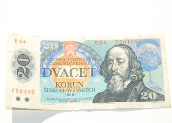 Stary banknot 20 koron Czechosłowacja 1988 antyk