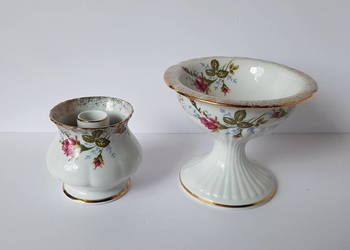 Zestaw: świecznik i puchar / pucharek Złota Róża, Chodzież, porcelana PRL