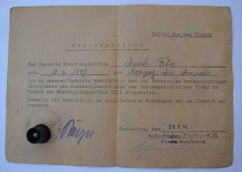 Krenau / Chrzanów - Felix Kazek - zezwolenie na podróż z 1944