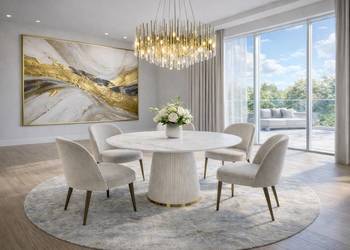 Stół złoty okrągły Glamour Nowojorski z kamiennym blatem o wzorze marmuru