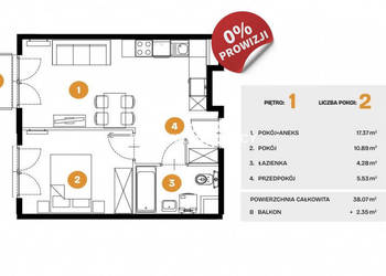 Mieszkanie Kraków Na Błonie 38.07m2 2-pokojowe