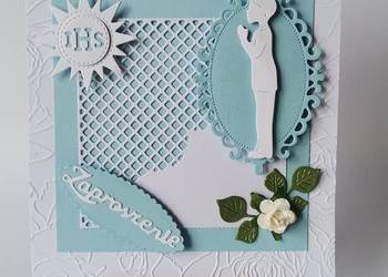 ZAPROSZENIA KOMUNIA CHŁOPIEC W RAMCE KORONKOWEJ K4 BŁĘKIT - BIEL