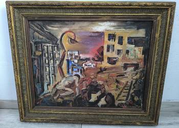 Piękny stary oryginalny obraz olejny 1947 r Waldman Mosze " Getto"