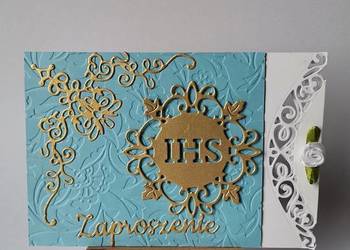 ZAPROSZENIA KOMUNIA CHŁOPIEC IHS Z KORONKĄ  - K3 – NIEBIESKI – BIEL - ZŁOTO