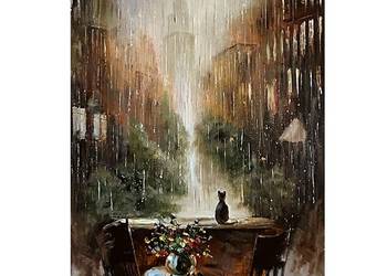 Kowalik - Uliczka w deszczu - 40x50cm Obraz Olejny Kwiaty Kot Architektura