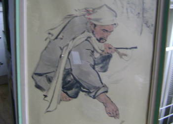 Akwarela chińska lub jej reprodukcja pod szkłem z lat 1960-70-tych 68x45cm